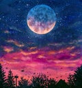 Fantastic oil painting big planet moon over the night city