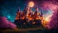 Fantastic fairytale old castle, night, moon royal building magical Royalty Free Stock Photo