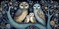 Fantastic ornate owls family on branch blooming tree, whimsical surreal pattern, dark background, fantasy illustration, generative