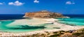 Fantastic panorama of Balos Lagoon and Gramvousa island on Crete, Greece. Cap tigani in the center. Balos beach on Crete island, Royalty Free Stock Photo