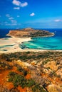 Fantastic panorama of Balos Lagoon and Gramvousa island on Crete, Greece. Cap tigani in the center. Balos beach on Crete island, Royalty Free Stock Photo