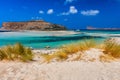 Fantastic panorama of Balos Lagoon and Gramvousa island on Crete, Greece. Cap tigani in the center. Balos beach on Crete island, Royalty Free Stock Photo