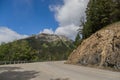 Fantastic panorama of Banff. Nature landscape - snowy peaks mountains, road and forests. Tourism Alberta, Canada Royalty Free Stock Photo