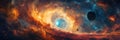 fantastic panorama with black hole, supernova and a wormhole with planets in galaxy in space