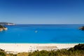 Fantastic panoramic top view at Myrtos Beach with turquoise and blue Ionian Sea water. Summer scenery of famous and Royalty Free Stock Photo