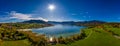 Fantastic panoramic view over the bavarian lake Tegernsee in autumn with fall colors, made by a drone. Royalty Free Stock Photo