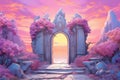 Fantastic paradise gate decorated with outlandish plants and flowers against pink sunset. Columns with an arch. Road to paradise