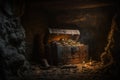 Fantastic picture of the treasure chest in majestic places of the cave. Finances and money concept. Generative AI