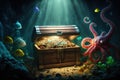 Fantastic picture of the treasure chest in majestic places of the sea bottom. Finances and money concept. Generative AI