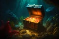 Fantastic picture of the treasure chest in majestic places of the sea bottom. Finances and money concept. Generative AI