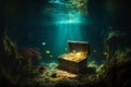 Fantastic picture of the treasure chest in majestic places of the sea bottom. Finances and money concept. Generative AI