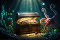 Fantastic picture of the treasure chest in majestic places of the sea bottom with an octopus. Finances and money concept.