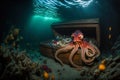 Fantastic picture of the treasure chest in majestic places of the sea bottom with an octopus. Finances and money concept.