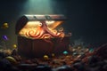 Fantastic picture of the treasure chest in majestic places of the sea bottom with an octopus. Finances and money concept.