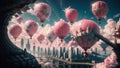 Fantastic pink city with pink flying air balloons.