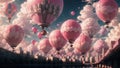 Fantastic pink city with pink flying air balloons.