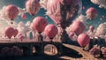 Fantastic pink city with pink flying air balloons.