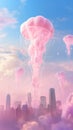 Fantastic pink jellyfish against the background of the modern city