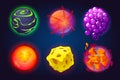 Fantastic planets, cartoon galaxy game asteroids. Cosmic world, alien space ui or gui design elements. Earth, satellite, cheese Royalty Free Stock Photo