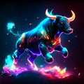 Fantastic powerful powerful powerful powerful powerful bull with glowing horns and sharp horns jumping on AI Generated
