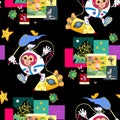 Fantastic print for children with cute monkey astronaut, spacecraft and funny pictures with aliens.