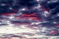 Fantastic, but real amazing multicolor sunset with glowing vibrant clouds in dramatic colorful sky. Beautiful textured Royalty Free Stock Photo