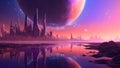 fantastic rocky alien planet cityscape with lake and large celestial body in pink sky, neural network generated image