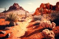 fantastic rocky desert with natural red rock formations and cacti