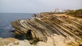 Fantastic geological rocky structure in the shore of Peniche Royalty Free Stock Photo