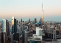 Fantastic rooftop view of Dubai business bay towers at sunset. Royalty Free Stock Photo