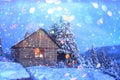 Fantastic scene with snowy house in evening forest.