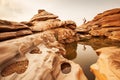 Fantastic scenery of steep sandstone of the Mekong River at dusk, amazing shape of steep sandstone in summer