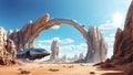 Fantastic Sci-fi landscape of a spaceship on a sunny day. Royalty Free Stock Photo
