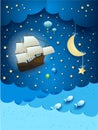 Fantastic seascape with flying ship and hanging moon Royalty Free Stock Photo