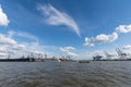 Fantastic sky at the container port of Hamburg harbor, Germany