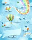 Fantastic sky by day with rainbow colors, music and balloon with banner
