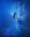 Fantastic snow queen in a luxurious dress, in an ice room. The interior fills with magic, her dress sparkles and glows