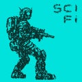 Fantastic soldier aims from plasma rifle to the enemy. Vector illustration.