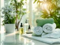 A fantastic spa environment with rolled white and mint green towels, essential oil and exotic flowers Royalty Free Stock Photo