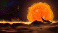 Fantastic space landscape in the style of realism. A large burning sun in the sky and a river of lava on the planet.