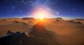 Fantastic space landscape view from surface of planet. Martian surface of planet, fantasy sharp rocks and mountains. Magical