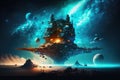 A fantastic space station on a new planet in the background of the universe Royalty Free Stock Photo