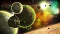 Fantastic space view with rotating planets and flying asteroids. Science fiction art. Seamless