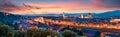 Fantastic spring panorama of Florence with Cathedral of Santa Maria del Fiore Duomo and Basilica of Santa Croce. Colorful sunset