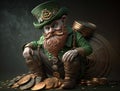 3D render of a big smile leprechaun man holding a wine bottle, gold coins on the ground St. Patrick\'s day generative AI