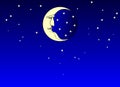 Fantastic starry sky for background and the moon with the face of an old man. Retro and folk style. Vector image. Flat design