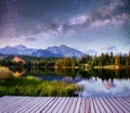 Fantastic starry sky and the milky way over a lake in the park High Tatras. Shtrbske Pleso, Slovakia, Europe