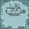 Fantastic submarine. A background - a frame from metal details, the iron mechanism.