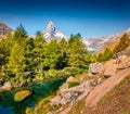 Fantastic summer morning on Grindjisee lake. Great view of Matterhorn Monte Cervino, Mont Cervin peak