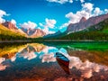 Fantastic summer scene. Dramatic morning scene of Dolomites lake